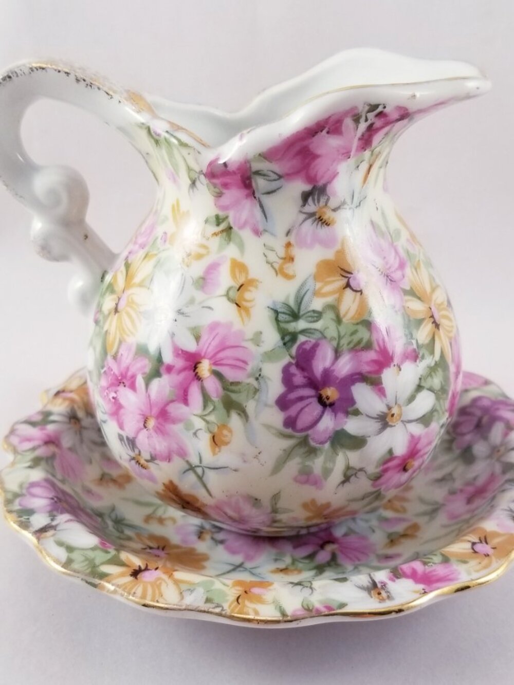 Vintage Mini Pitcher/Saucer Royal Crown Chintz Floral Gold Trim Porcelain 22/179